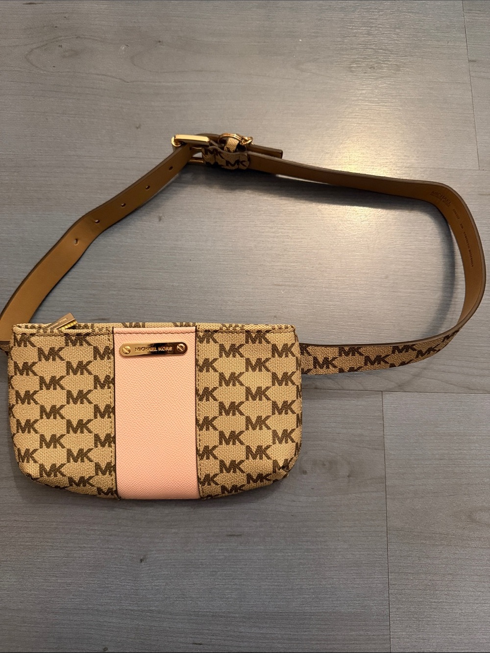 Michael Kors Beige Monogram Mini Belt Bag with Pink Center Panel